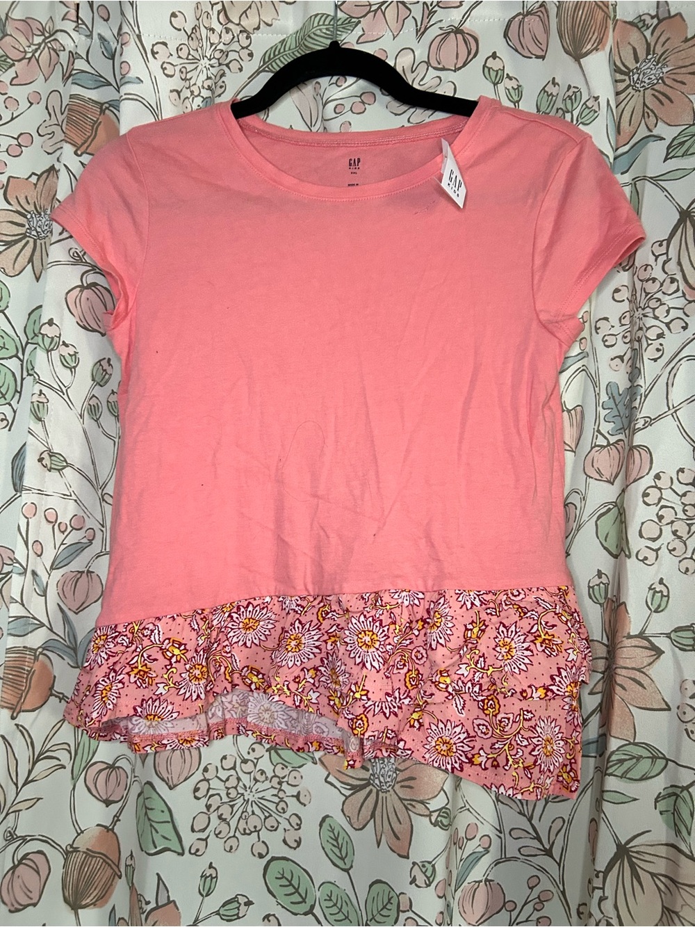 GAP Pink Short Sleeve Tee with Floral Ruffle Hem